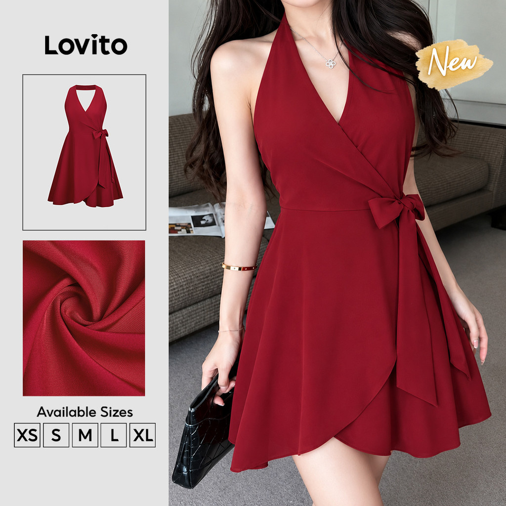 (New Arrival) Lovito Vestido Vermelho Casual Curto Linha a Com amarração primavera/verão Cny Fim De Semana Feminino DRK10P1D384