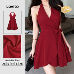 (New Arrival) Lovito Vestido Vermelho Casual Curto Linha a Com amarração primavera/verão Cny Fim De Semana Feminino DRK10P1D384