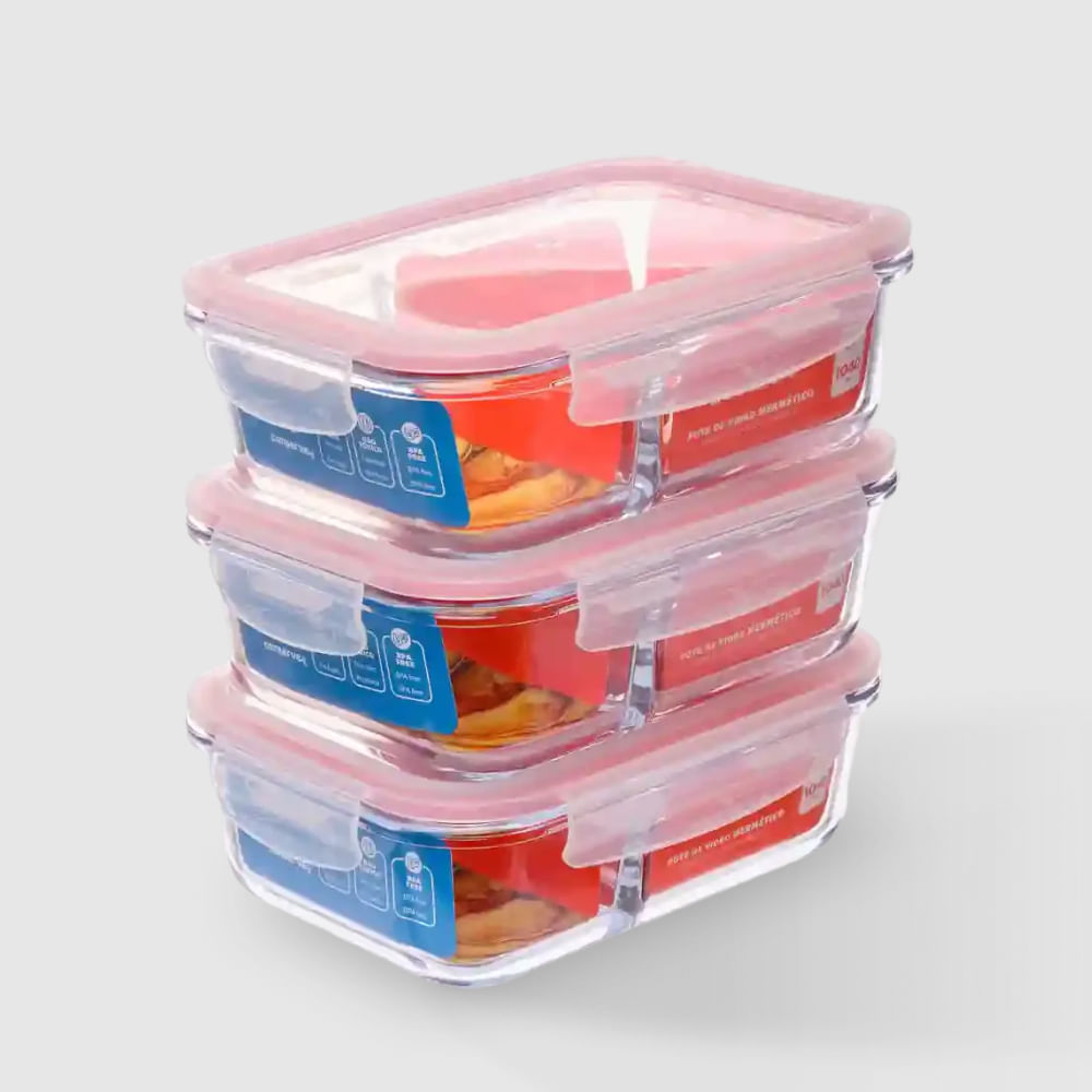 Kit com 3 Potes de Vidro Herméticos 1,040L com Divisória Invicta
