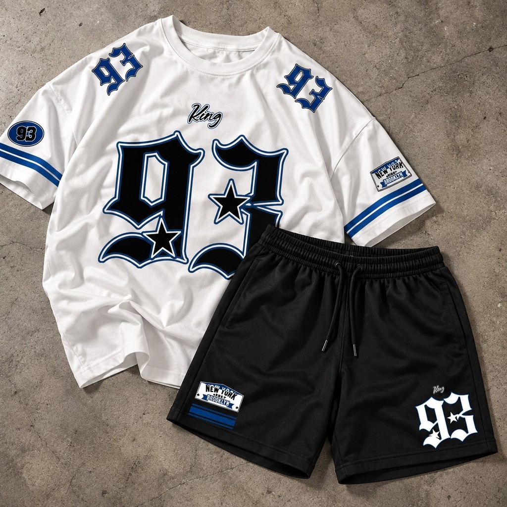 Kit Camiseta e Bermuda Streetwear King 93 100% Algodão Conjunto Short Conforto Estilo Estampada