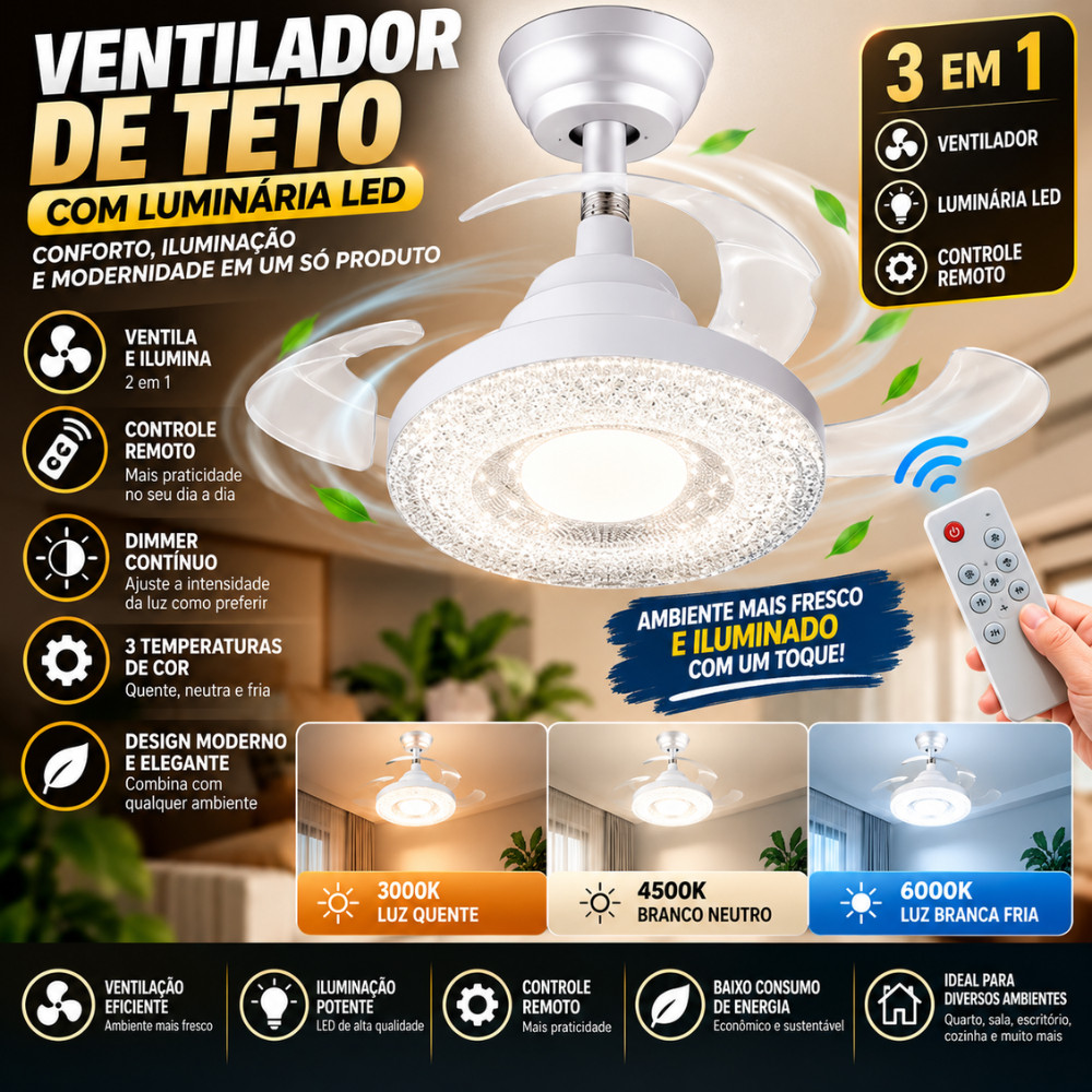 Ventilador de Teto com Luminária LED Controle Remoto 3 em 1 Retrátil 3 Cores de Luz Dimmer Quarto Sala