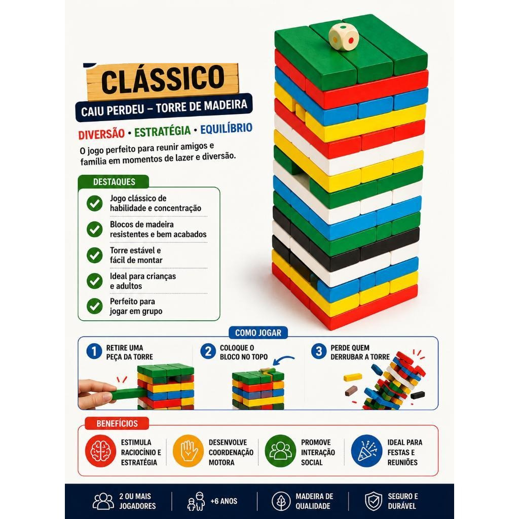 Jogo Caiu Perdeu Torre 17CM com 54 Peças Brinquedo Madeira de Pais e Filhos Equilíbrio Coordenação