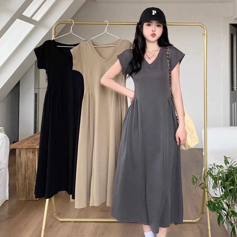 Vestido roupas femininas cor sólida simples decote em V cintura estreita temperamento estilo longo mais magro olhar todo