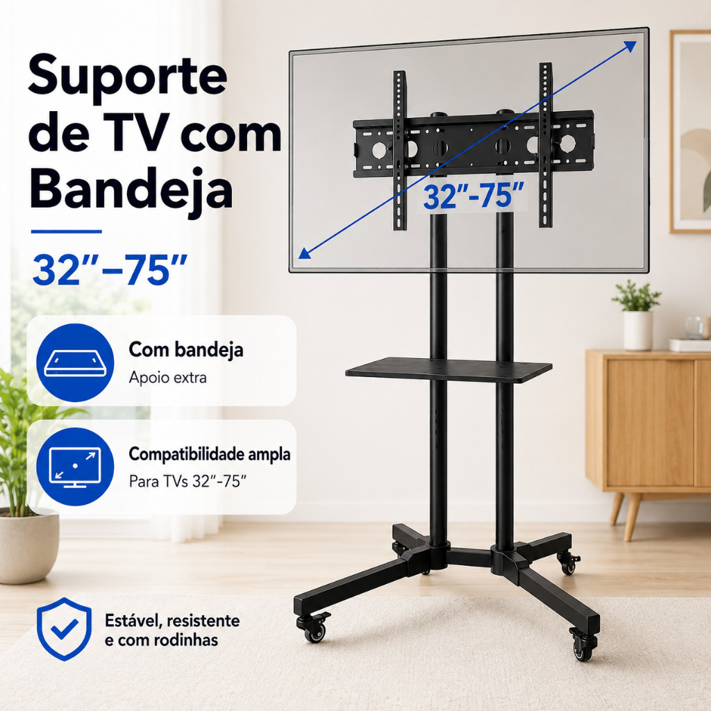 Suporte Móvel Pedestal para TV 32 a 75 Polegadas com Rodízios Bandeja e Altura Ajustável