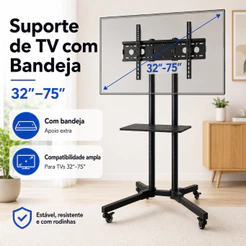 Suporte Móvel Pedestal para TV 32 a 75 Polegadas com Rodízios Bandeja e Altura Ajustável