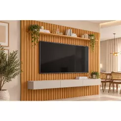 Rack Bancada c/ Painel p/ TV até 75 Pol Maragogi Ripado 1 Porta e 2 Gavetas 230x220cm Nature/Off White - Permóbili