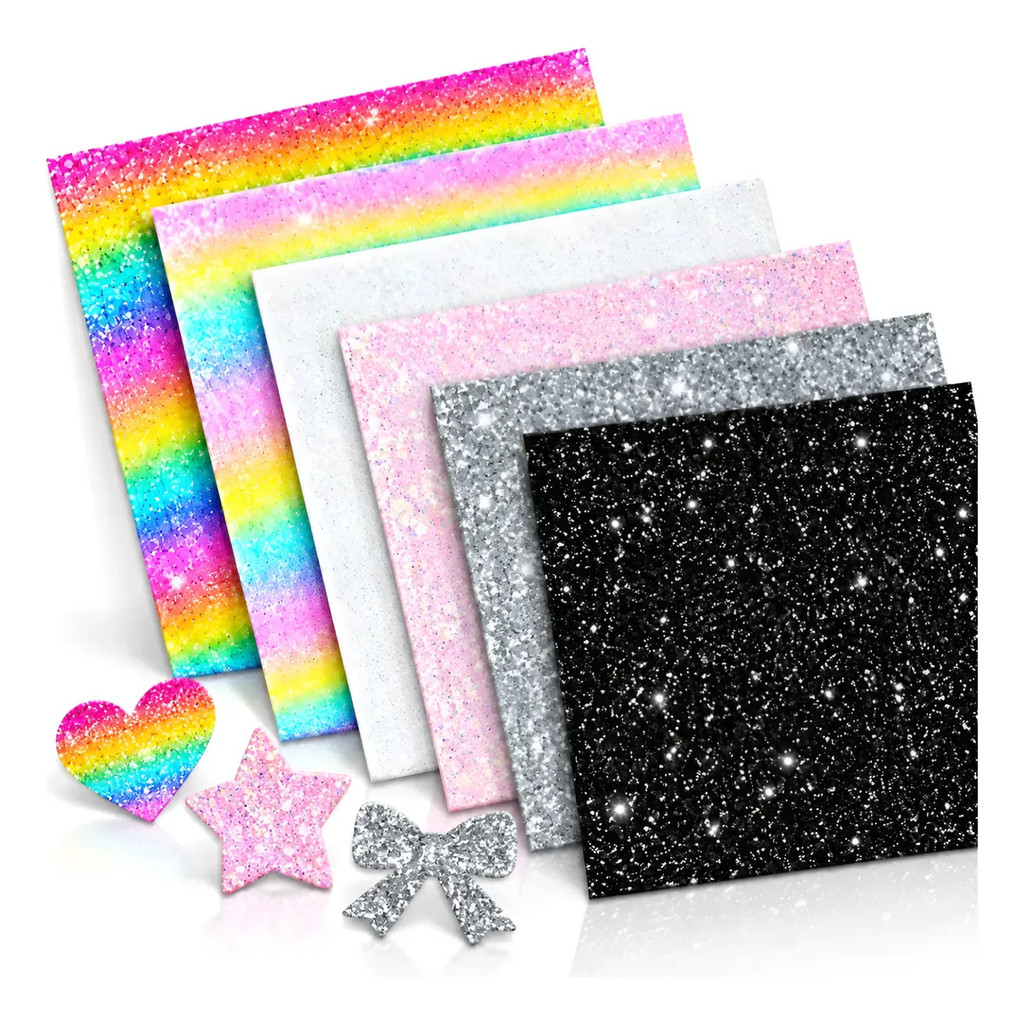 Kit 6 Folhas Tecido Glitter Termocolante Hama Beads Acabamen