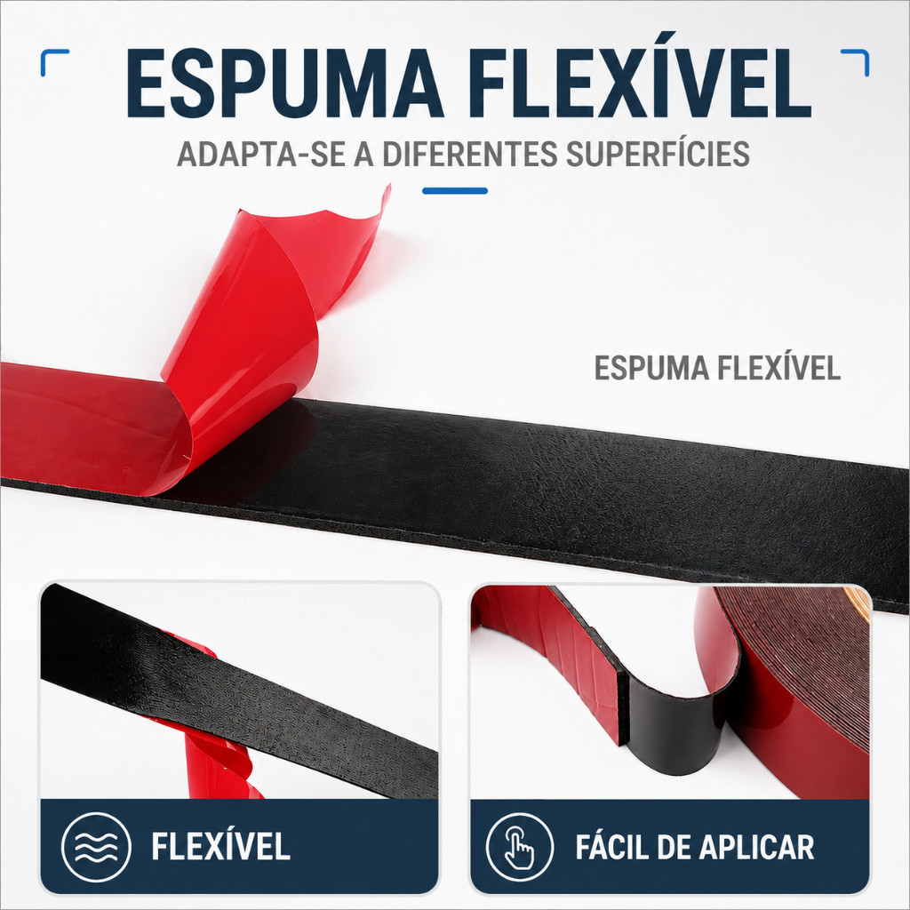 Fita Dupla Face de Espuma 24mm x 5m Preta com Protetor Vermelho para Frisos e Decoração — imagem 2 de 2