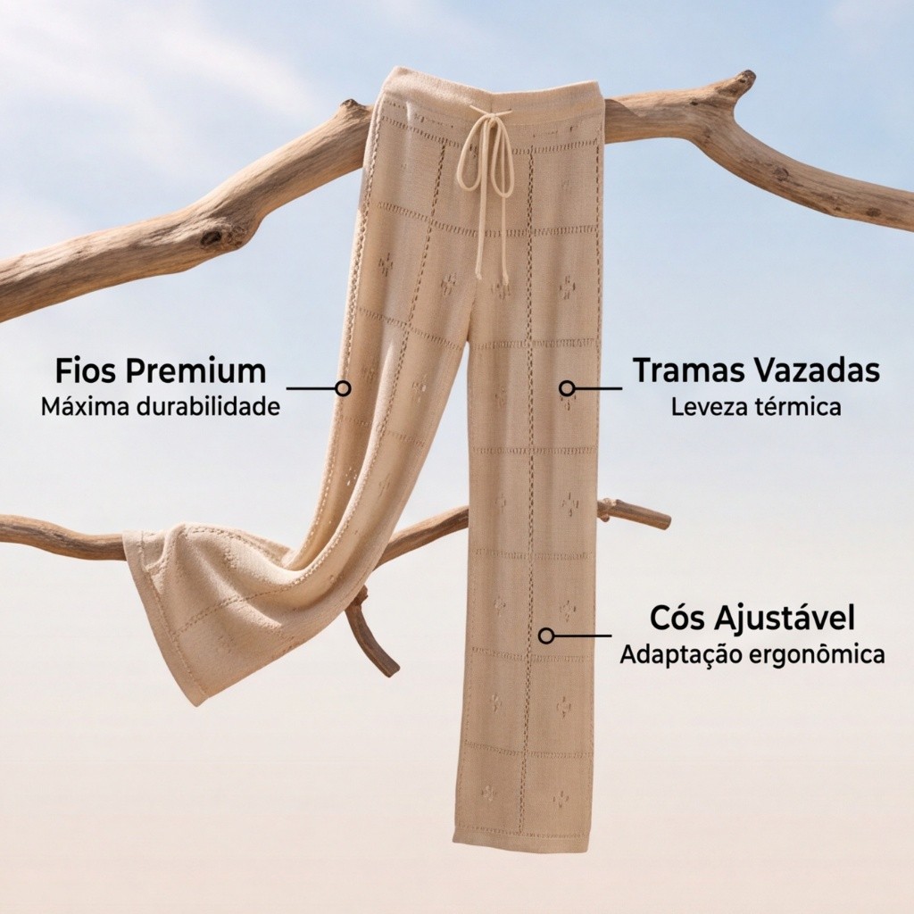 Calça Pantalona Feminina em Tricô Vazado com Cordão na Cintura Moda Praia Saída de Praia Elegante — imagem 2 de 2