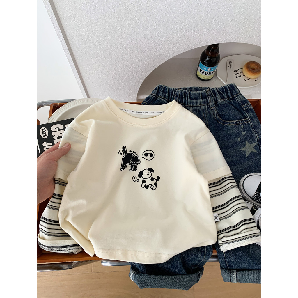 Meninos primavera outono puro algodão manga comprida camiseta 2026 novo estilo crianças estilo fino falso de duas peças 