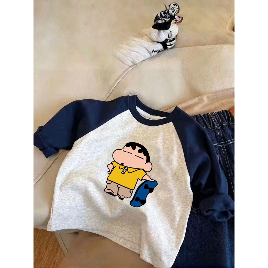Algodão puro meninos Raglan em torno do pescoço de manga comprida camiseta 2026 primavera outono médio pequeno crianças 