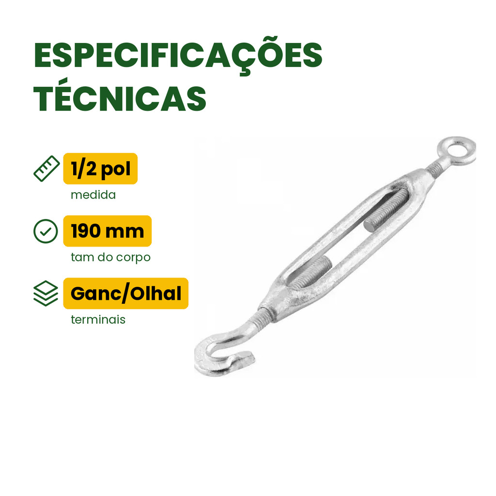 Esticador Para Cabo De Aço 1/2 Pol Gancho E Olhal Aço Maleável Galvanizado · foto 2
