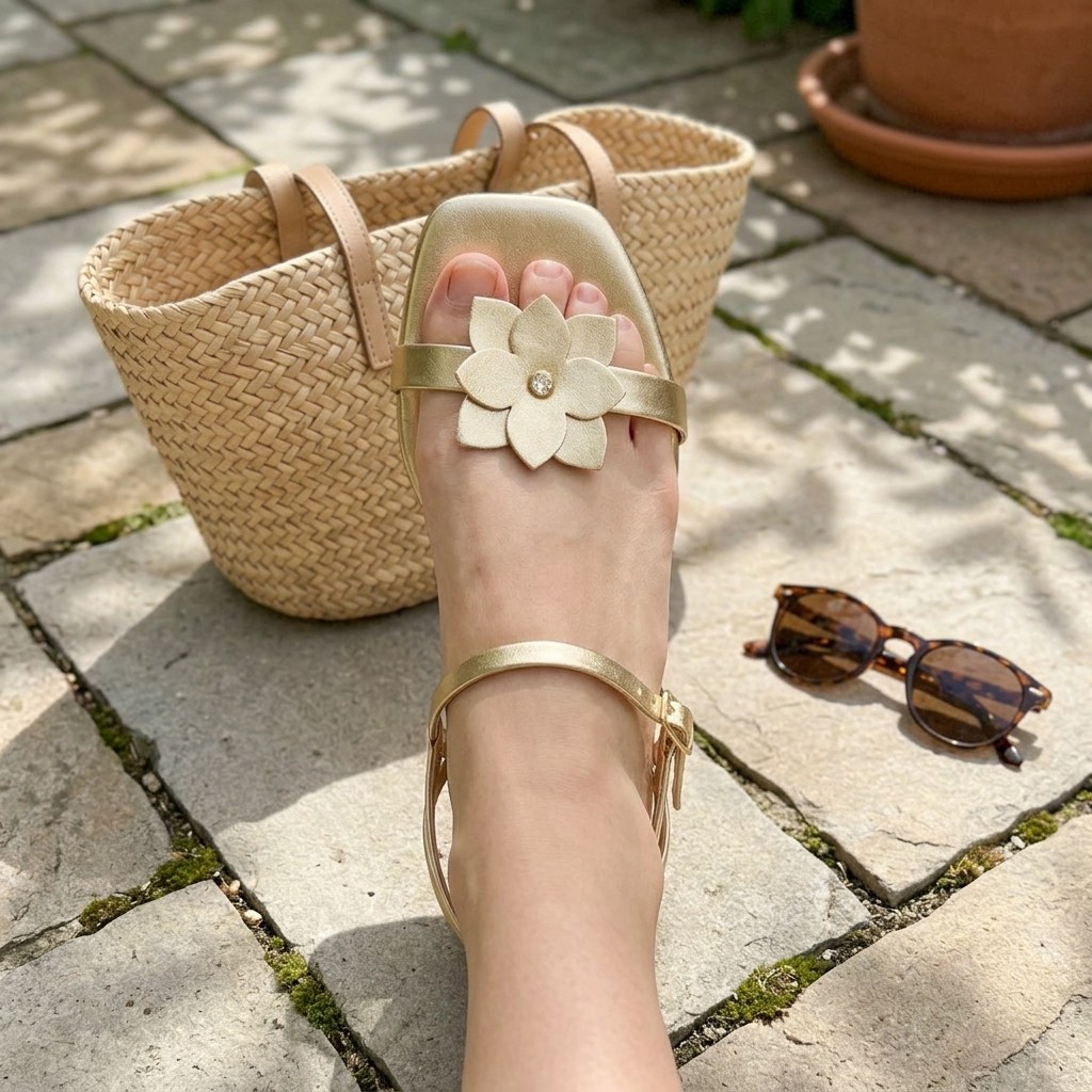 Sandália Feminina Rasteira Tira Fina Flor Strass Fecho Tornozelo Dourada Confortável Casual Verão Festa