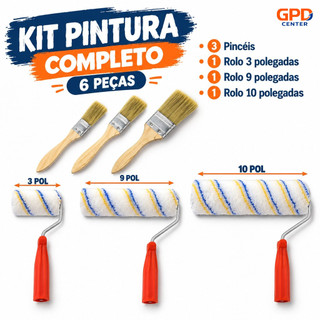 Kit Pintura 6 Peças com 3 Pincéis + Rolos 3", 9" e 10" Tinta Reforma Parede Casa Anti Respingo Lã Cerdas para Suporte