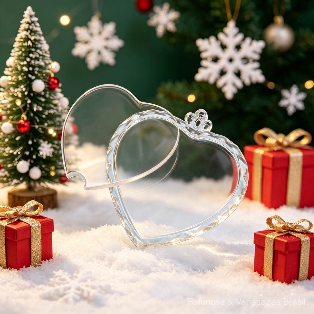 Enfeite de Natal transparente em forma de coração para árvore de Natal, decoração de cristal para o Natal.
