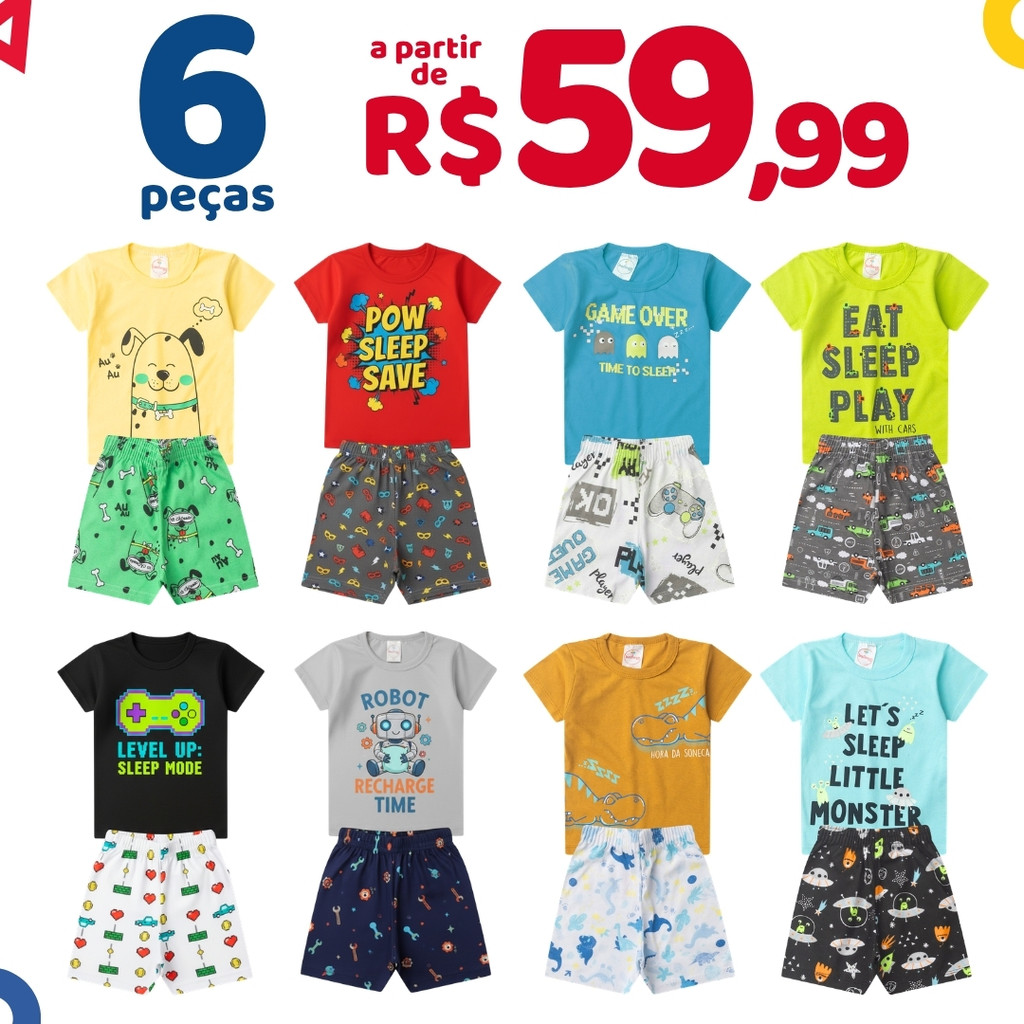 Kit 6 Peças Pijama Infantil Brilha no Escuro Menino Verão Manga Curta Masculino 1 A 8 - 3 Blusas + 3 Bermudas