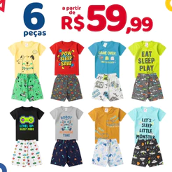 Kit 6 Peças Pijama Infantil Brilha no Escuro Menino Verão Manga Curta Masculino 1 A 8 - 3 Blusas + 3 Bermudas