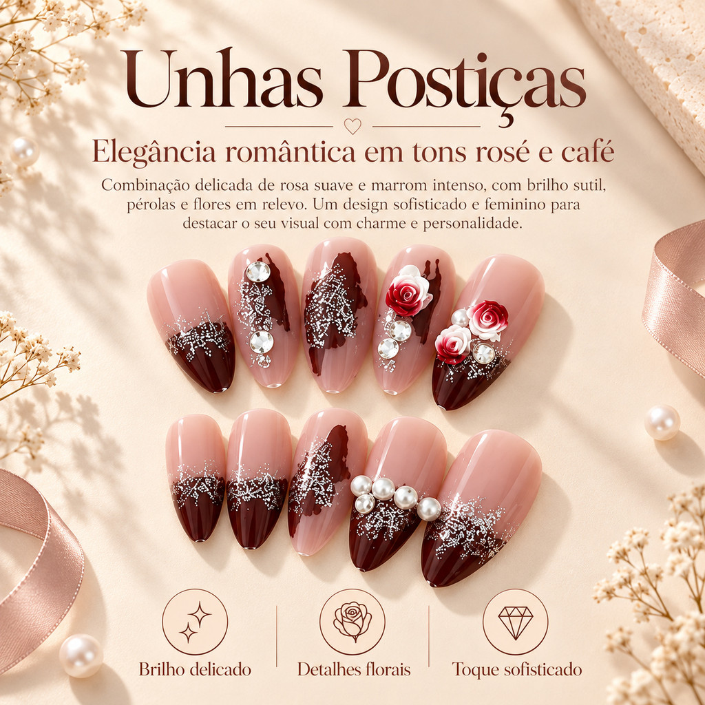 Kit Unhas Postiças de Pressão Formato Stiletto, Tons Rosé e Café, Flores em Relevo, Pérolas e Glitter