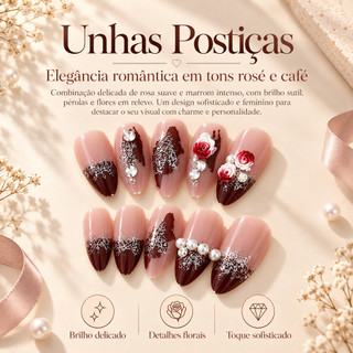 Kit Unhas Postiças de Pressão Formato Stiletto, Tons Rosé e Café, Flores em Relevo, Pérolas e Glitter