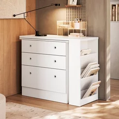 Escrivaninha Mesa Escritório em L Retrátil com Cômoda Módulos e Complementos 3 Gavetas 91,3cm Branco Branco