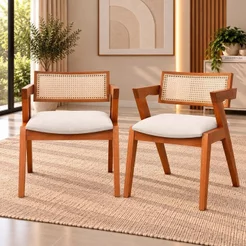 Kit 2 Cadeiras Madeira Maciça, Rattan de Fibra Natural e Estofada Verona Espresso Móveis Champagne/Off White