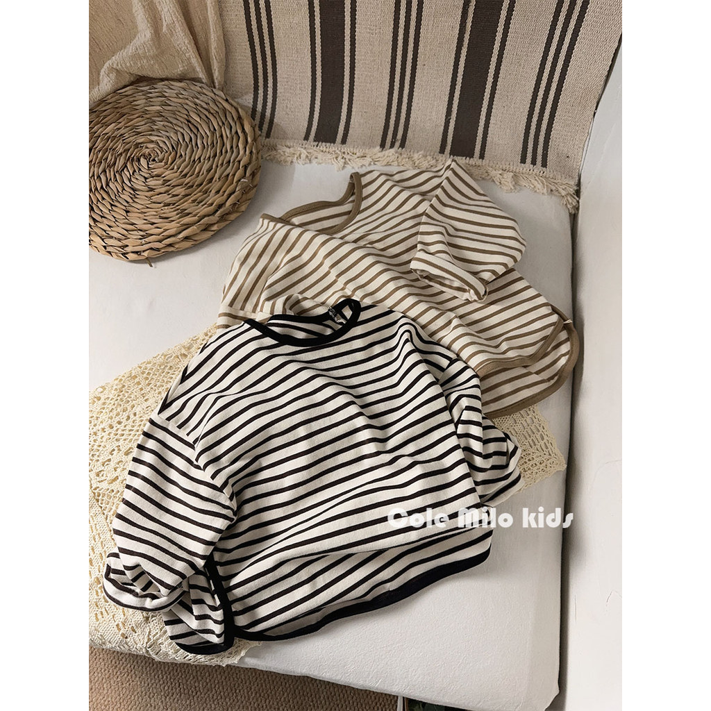 Estilo coreano meninos de manga comprida camiseta 2026 primavera meninas camisa de fundo crianças simples listrado topo 