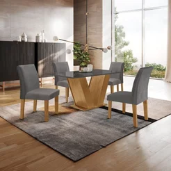 Conjunto Sala de Jantar Mesa 120x80cm Tampo MDF/Vidro com 4 Cadeiras Espanha Yescasa Ypê/Grafite/Suede Cinza
