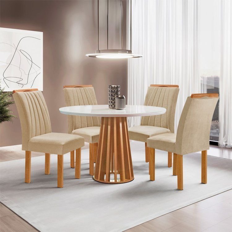 Conjunto Mesa Tampo Redondo Plus Vidro Kansas 100cm 4 Cadeiras Arizona Cinamomo/Off White/Linho