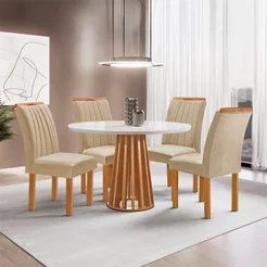 Conjunto Mesa Tampo Redondo Plus Vidro Kansas 100cm 4 Cadeiras Arizona Cinamomo/Off White/Linho