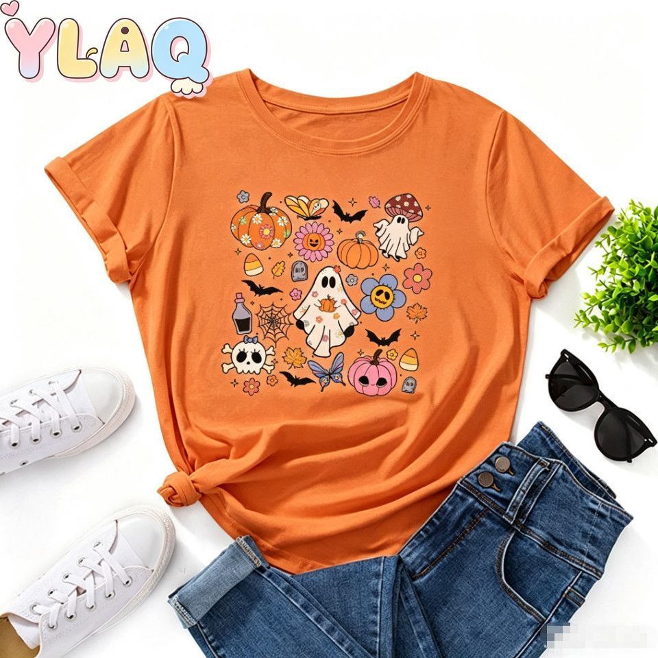 Halloween Bonito Fantasma Abóbora Floral Impressão Crianças Camiseta Unissex Meninos Meninas Manga Curta Tripulação Pesc