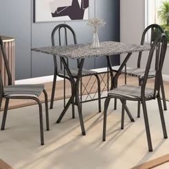 Conjunto Sala de Jantar Mesa Tampo em Granito Retangular 4 Cadeiras Bruna Preto Cromo Preto/Preto Listra