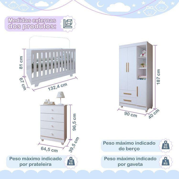 Quarto de Bebê Completo 100% MDF com Cômoda Berço e Guarda Roupa 1 MDF Nina Branco · foto 2
