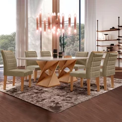 Conjunto Sala de Jantar Mesa 6 Cadeiras Vidro Genova Cinamomo/Off White/Veludo Bege Escuro