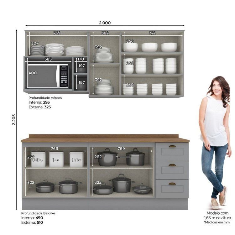 Cozinha Compacta Modulada 5 Peças com Balcão para Cooktop Emily Espresso Móveis Cinza/Nature Cinza/Nature · foto 2