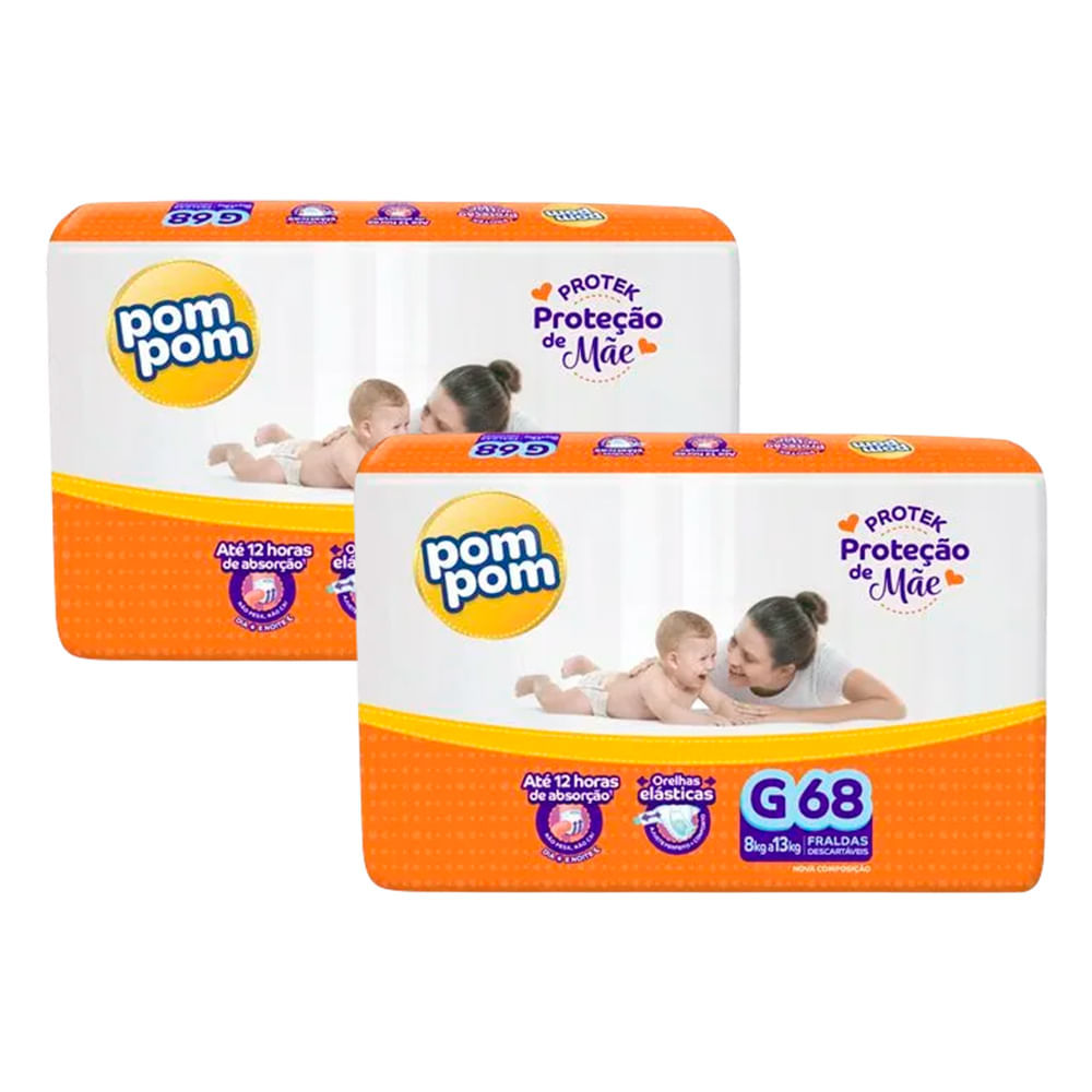 Kit 2 Fralda Descartável Pom Pom Protek Hiper G - 68 Unidades