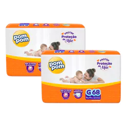Kit 2 Fralda Descartável Pom Pom Protek Hiper G - 68 Unidades