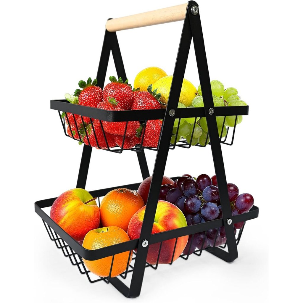 Fruteira De Mesa 2 Andares Em Metal E Madeira Organizador