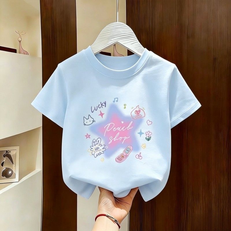 2026 novo estilo Solona meninos meninas verão de manga curta crianças topos impresso roupas infantis camisetas médio gra