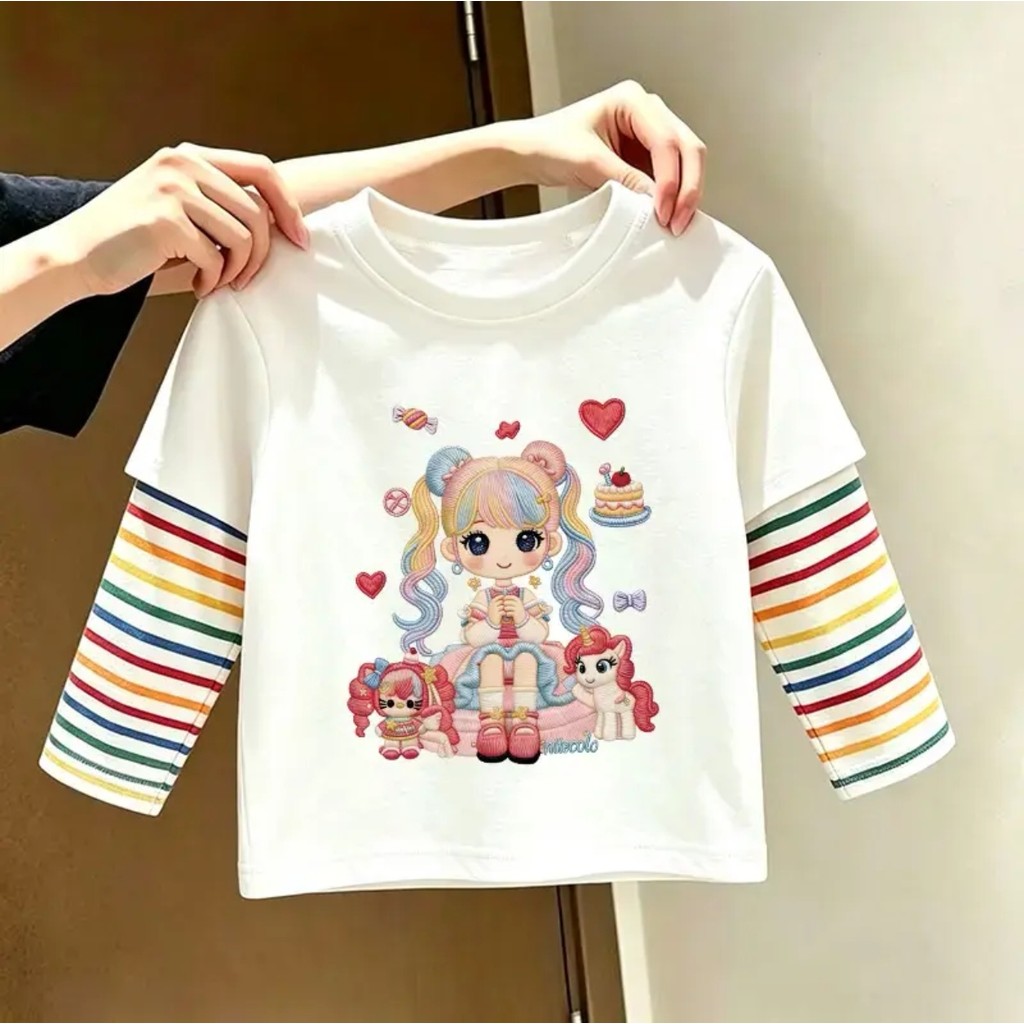 2026 meninas camiseta de manga comprida outono desenhos animados topos médio pequenas crianças primavera outono estilo b