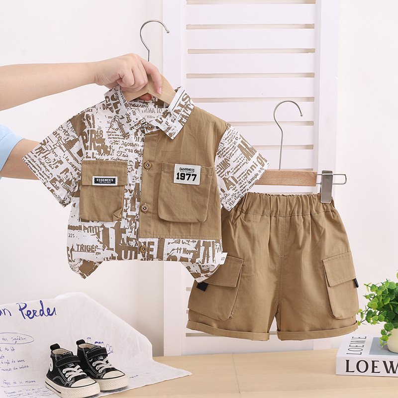 Boutique De Moda Meninos Camisas De Verão Terno Roupas Infantis Bonito Crianças Manga Curta Carta Emenda Camisa + Shorts