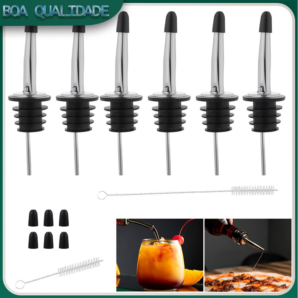 Kit 6 Bicos Dosador Inox Biqueira Bartender Garrafa Tequila,Com duas escovas