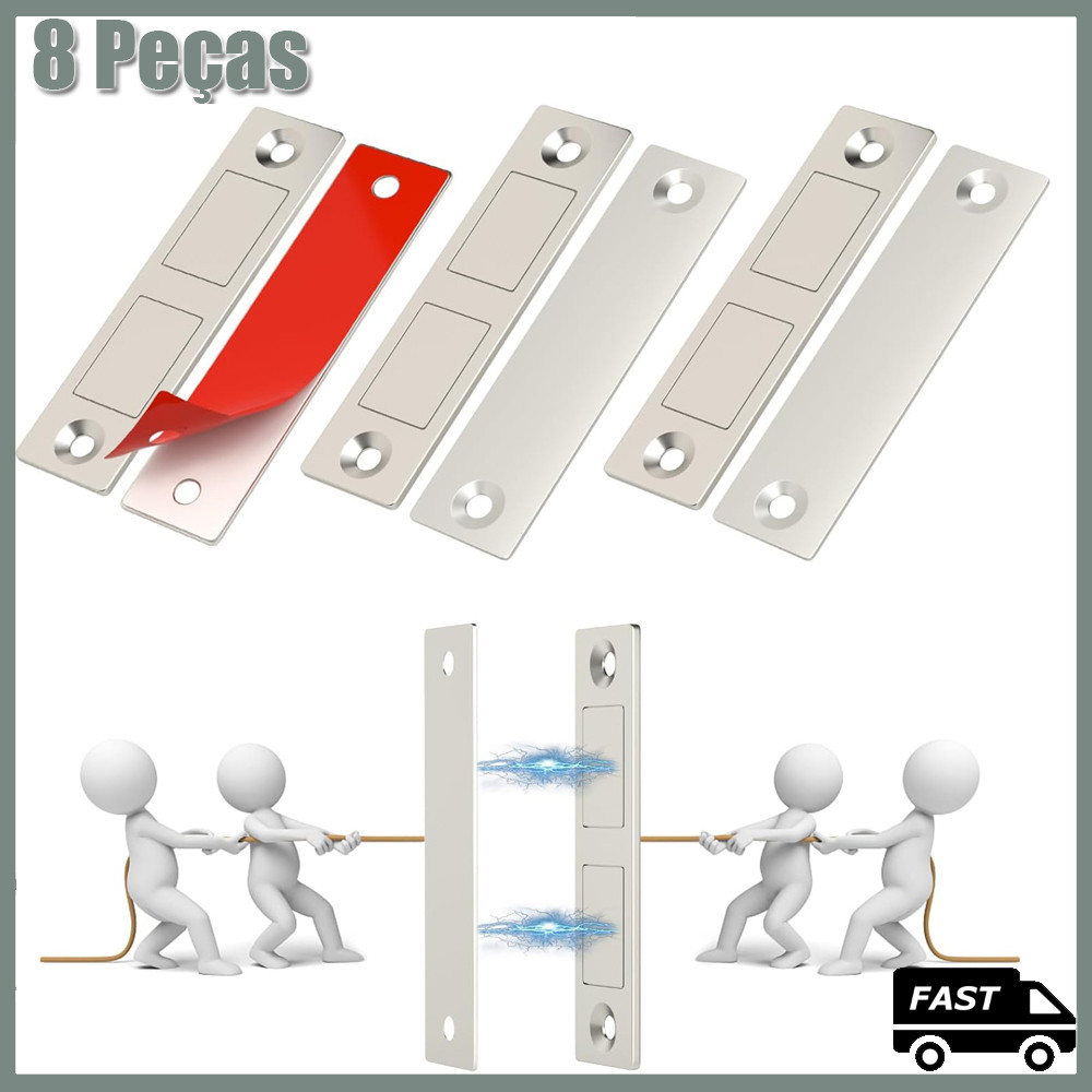 Kit 8 Peças Imã Trava de Armário Porta Gaveta Magnético Sistema de Fechamento para Móveis 6.8x1.8x0.2cm