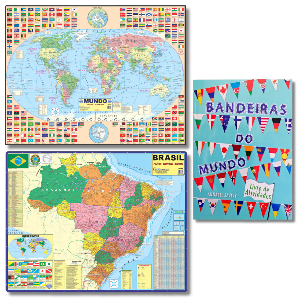 Kit Geográfico - Mapa Mundi + Mapa do Brasil + Bandeiras do Mundo - Livro de Atividades- Educativos em Oferta na Shopee