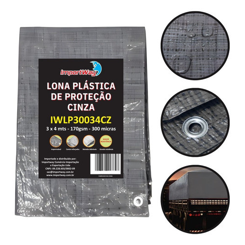 Lona Importway 3 m x 4 m Cinza 300 micras Impermeável Multiuso Para Piscinas Camping Quintais e Caminhões