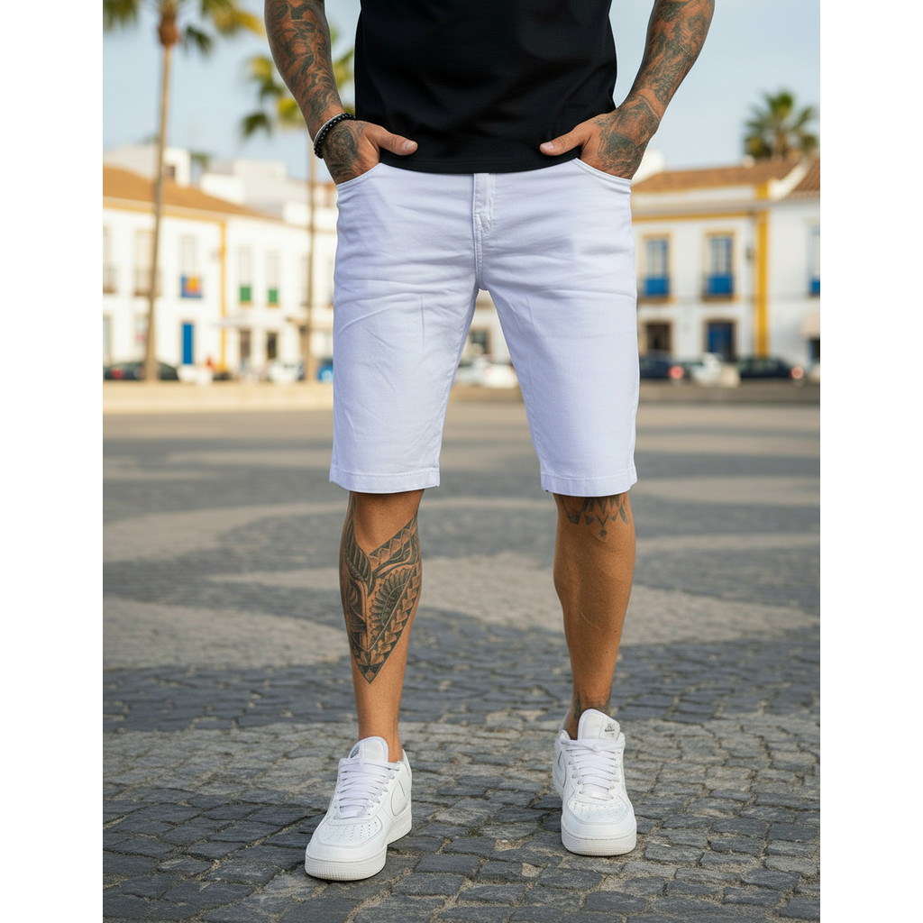 Bermuda Masculina Short Casual Sarja Elastano Preta Branca