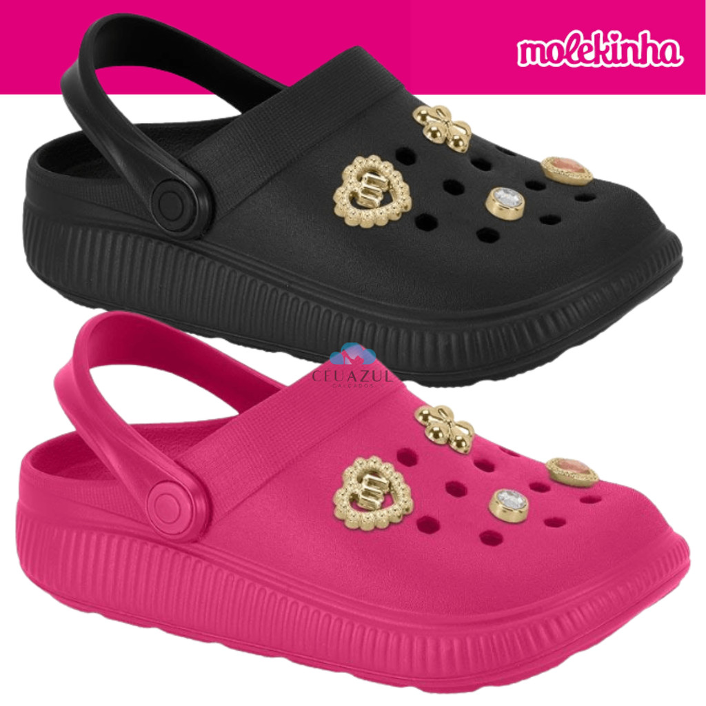 Babuche Clog Molekinha Infantil Menina Confortável com Apliques