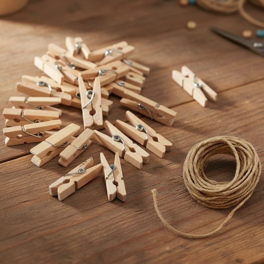 Mini Prendedor de Madeira Natural com Fio de Juta - 2,5cm  - 50 unidades - Rizzo