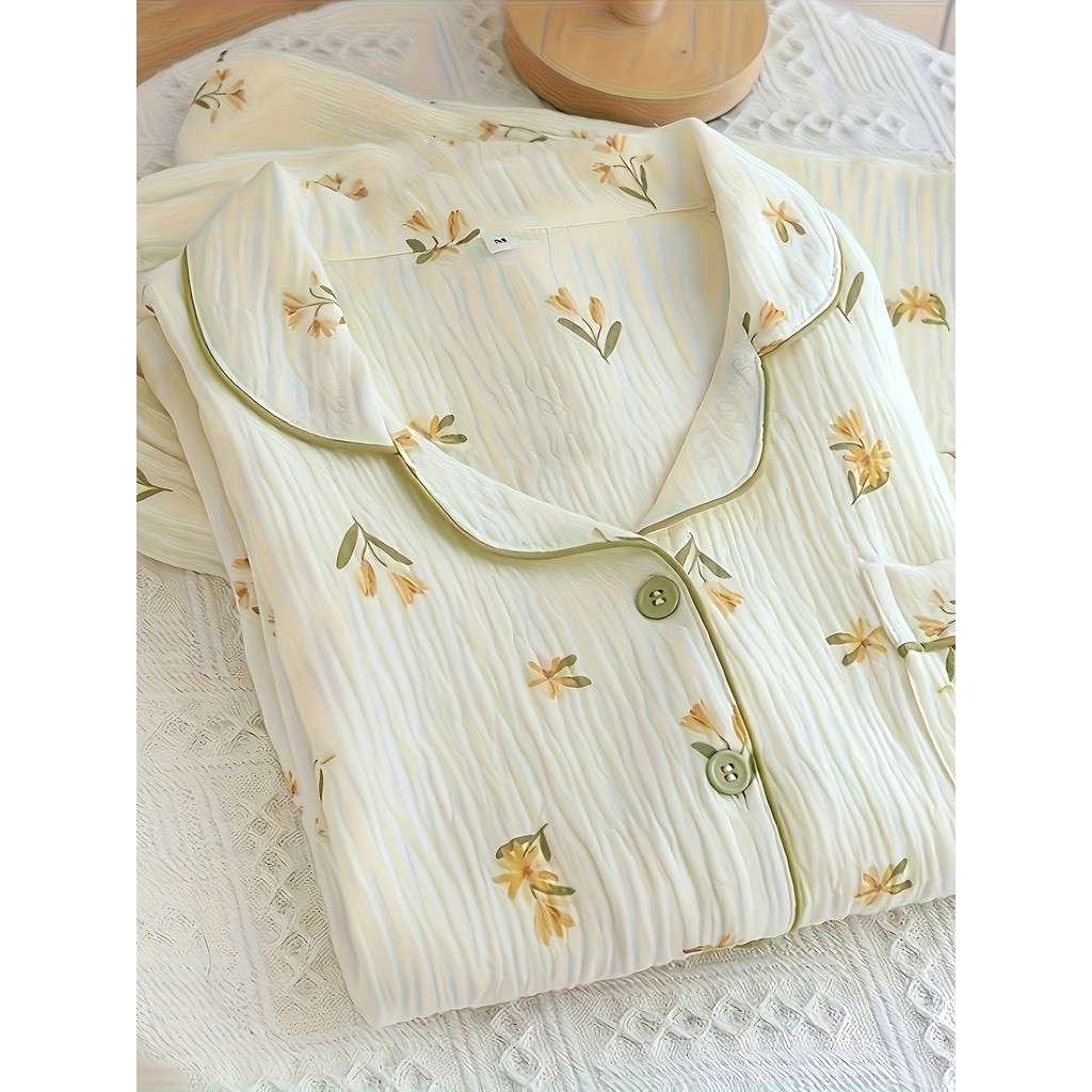 Novo estilo de pijama feminino de manga comprida estilo ins estilo cura pijama Floral pequenas flores amarelas estampa c