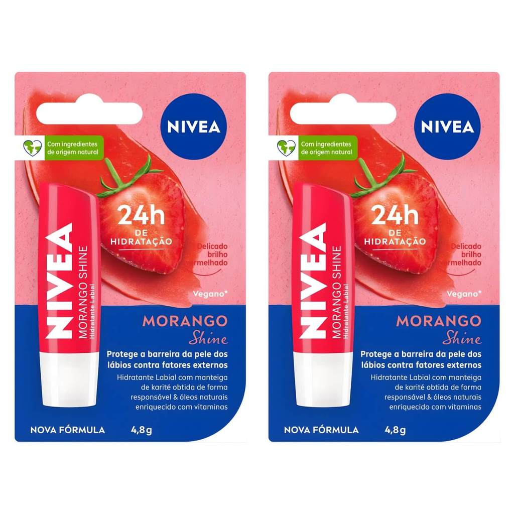 Hidratante Labial Nivea Morango Shine 4,8g - Kit 2 unidades