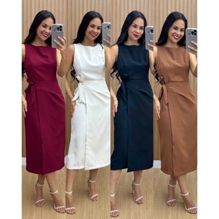 Vestido Feminino Alfaiataria Midi com Amarração Lateral Elegante em Oferta na Shopee